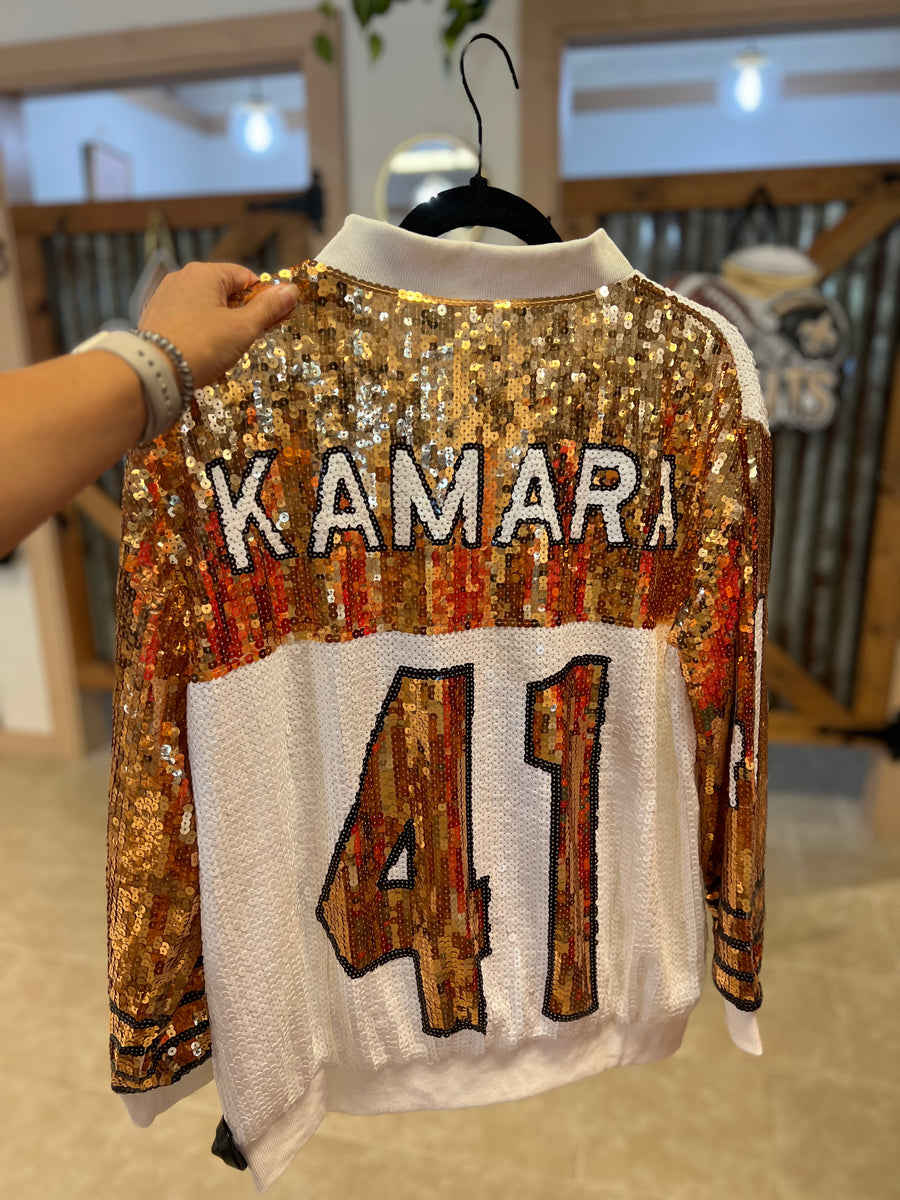 New Orleans Saints Jacket| White and Gold” Kamara” Women Sequin Jacket|  Women’s Sequin Jacket| Sports Jacket