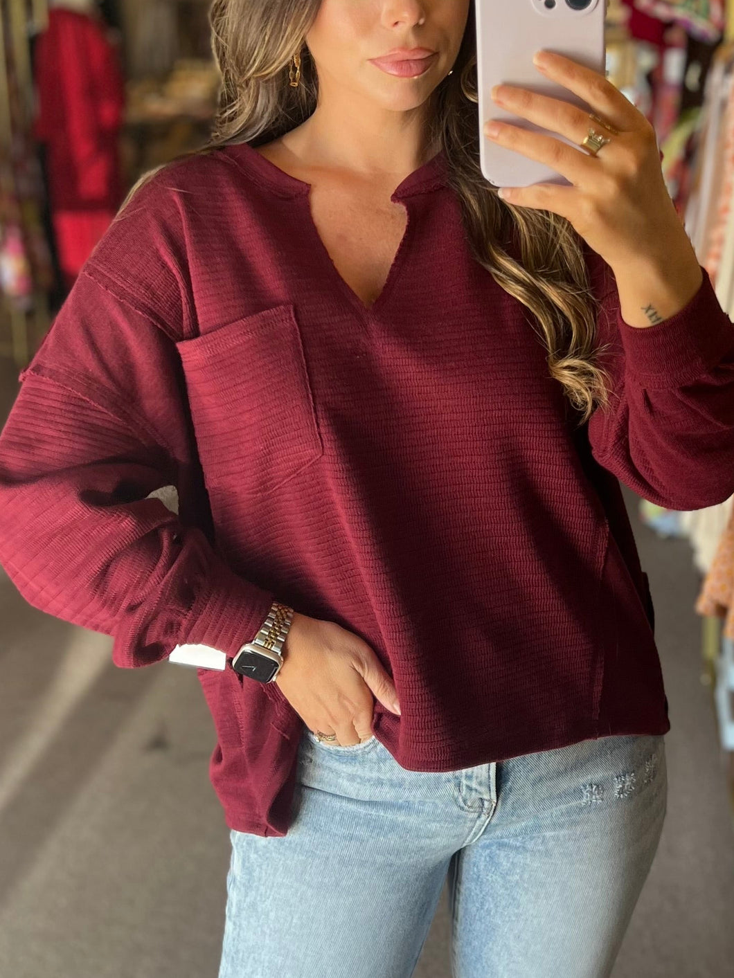Casual Fall Day Top Oxblood