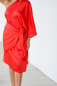 Woman in Red Midi Dress