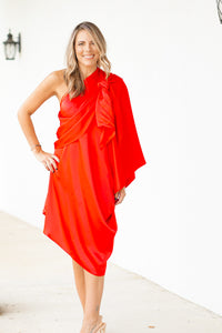 Woman in Red Midi Dress