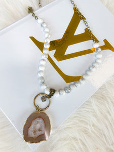 Half-Beaded Chain Necklace With Open Stone Pendant