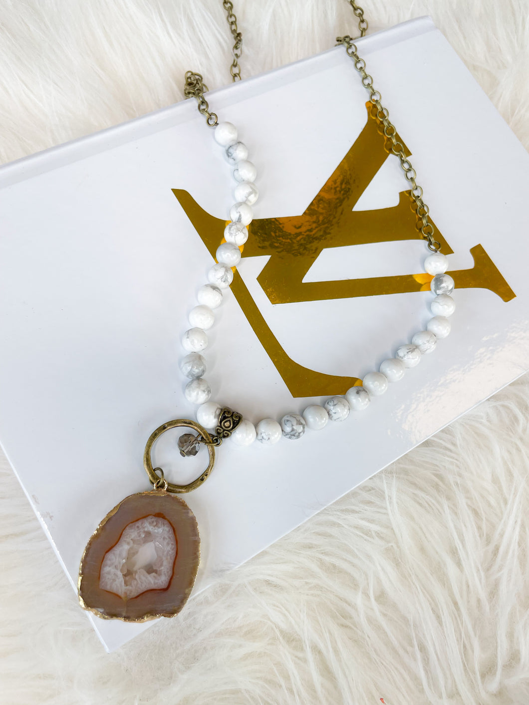 Half-Beaded Chain Necklace With Open Stone Pendant