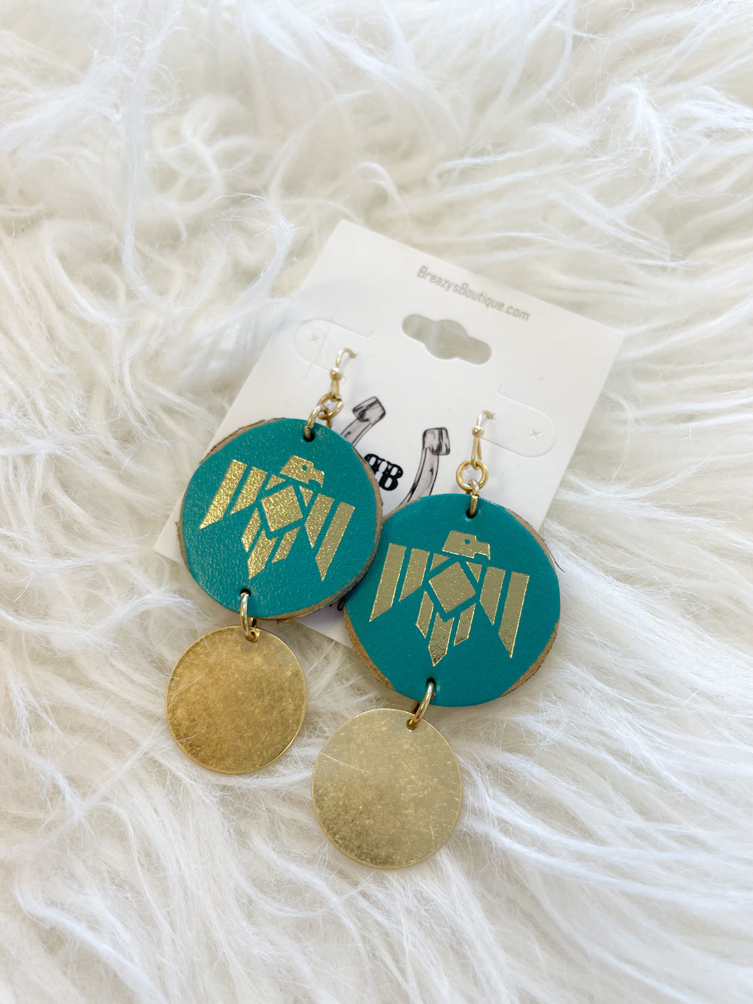 Leather Round With Embossed Thunderbird Earrings