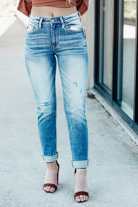 High Rise Cuffed Slim Straight Jeans